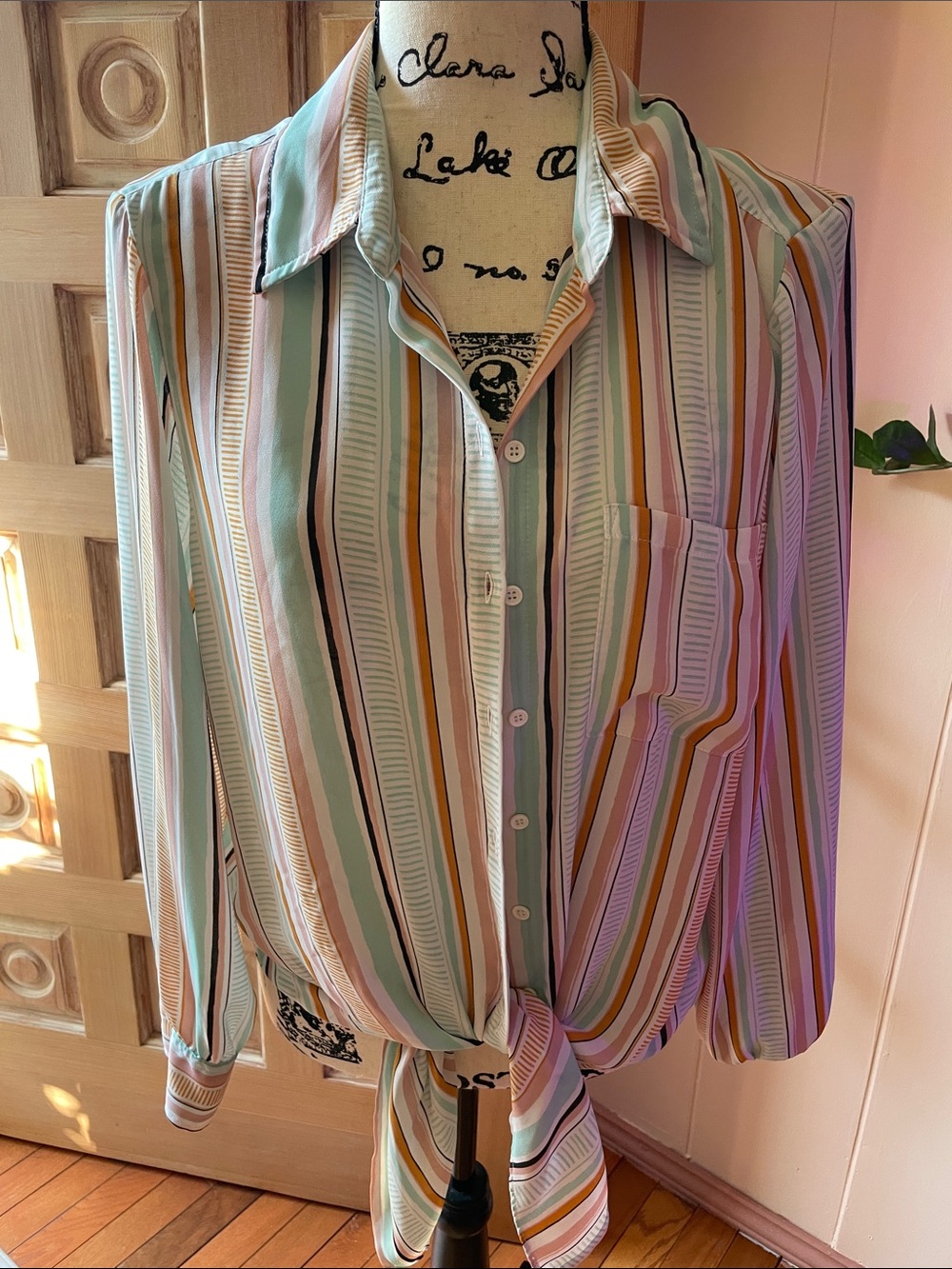 Rachel Zoe Multi-Stripe Tie-Front Button-Down Shirt in Mint, Pink & Tan